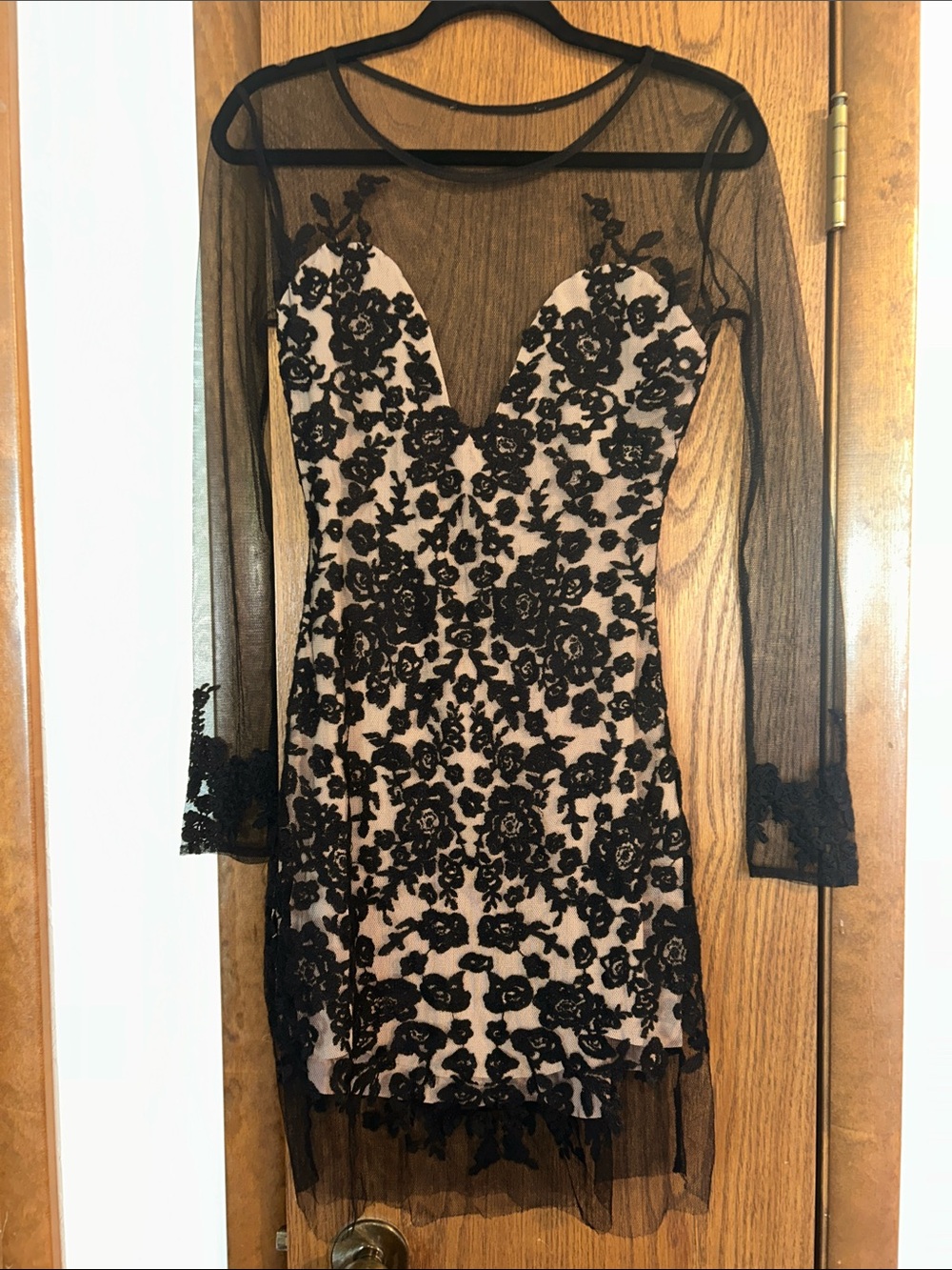 For Love & Lemons Black Lace over Nude Sheer Long Sleeve Mini Dress